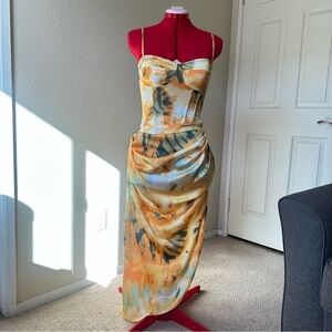 PrettyLittle Thing Tie-Dye, Corset Top & Skirt Set in orange, yellow, light blue
